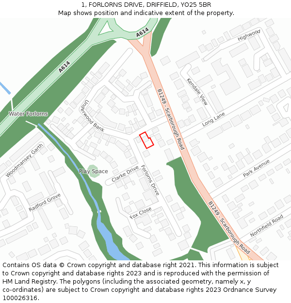 1, FORLORNS DRIVE, DRIFFIELD, YO25 5BR: Location map and indicative extent of plot