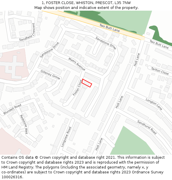 1, FOSTER CLOSE, WHISTON, PRESCOT, L35 7NW: Location map and indicative extent of plot