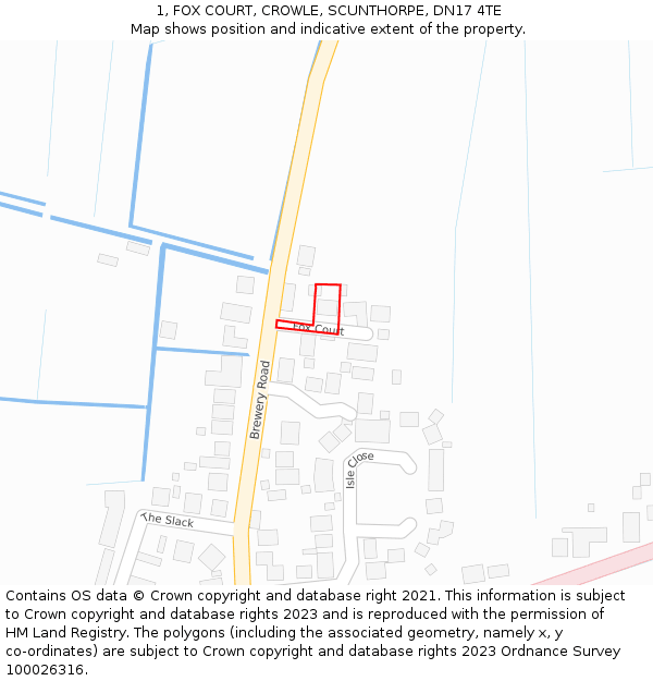 1, FOX COURT, CROWLE, SCUNTHORPE, DN17 4TE: Location map and indicative extent of plot