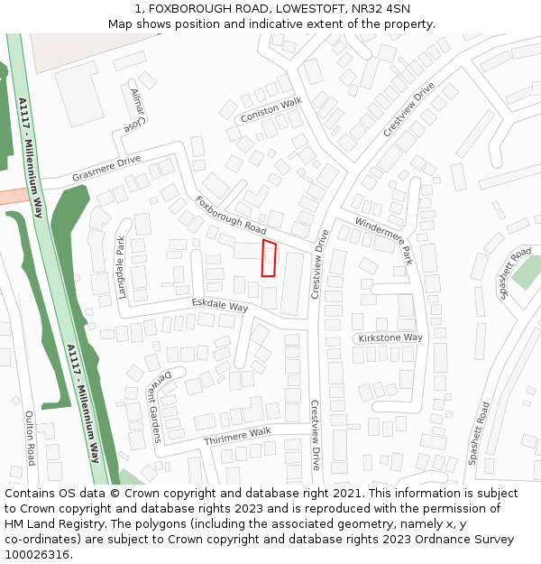 1, FOXBOROUGH ROAD, LOWESTOFT, NR32 4SN: Location map and indicative extent of plot