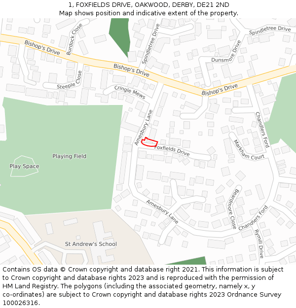 1, FOXFIELDS DRIVE, OAKWOOD, DERBY, DE21 2ND: Location map and indicative extent of plot