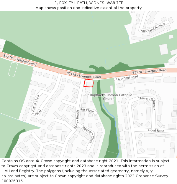 1, FOXLEY HEATH, WIDNES, WA8 7EB: Location map and indicative extent of plot