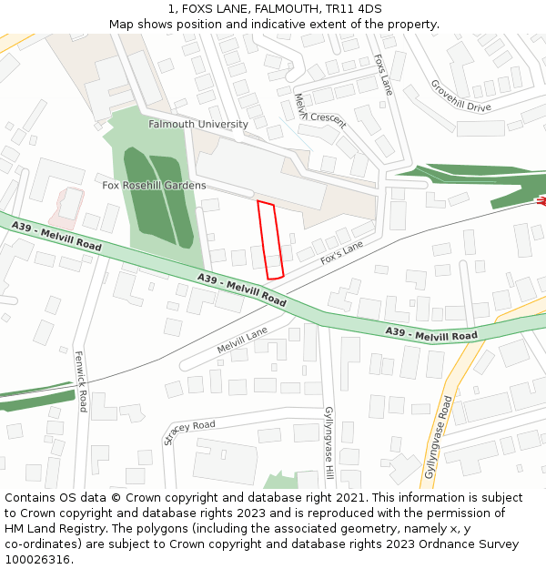 1, FOXS LANE, FALMOUTH, TR11 4DS: Location map and indicative extent of plot