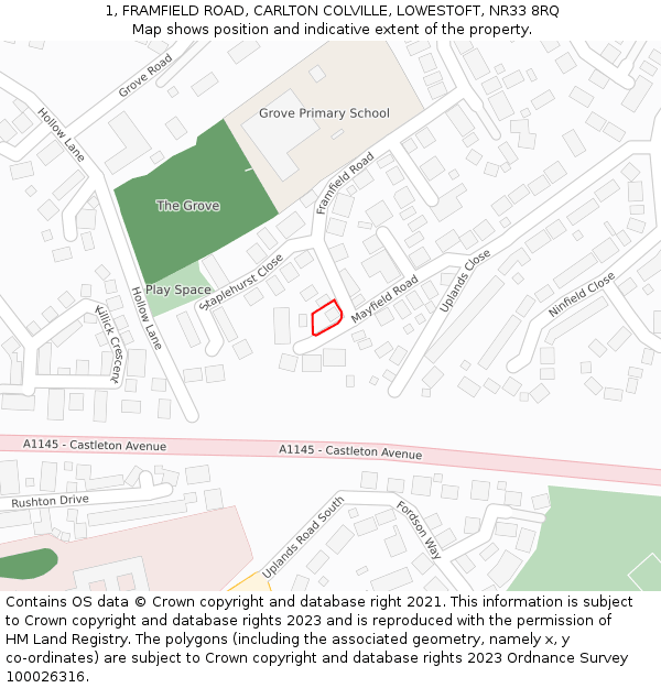 1, FRAMFIELD ROAD, CARLTON COLVILLE, LOWESTOFT, NR33 8RQ: Location map and indicative extent of plot