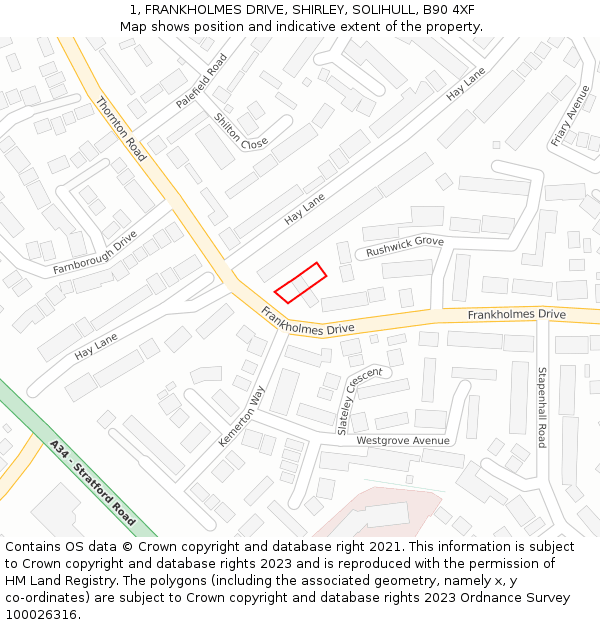 1, FRANKHOLMES DRIVE, SHIRLEY, SOLIHULL, B90 4XF: Location map and indicative extent of plot