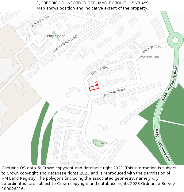 1, FREDRICK DUNFORD CLOSE, MARLBOROUGH, SN8 4YS: Location map and indicative extent of plot