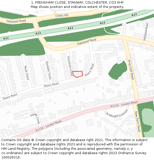 1, FRENSHAM CLOSE, STANWAY, COLCHESTER, CO3 0HP: Location map and indicative extent of plot