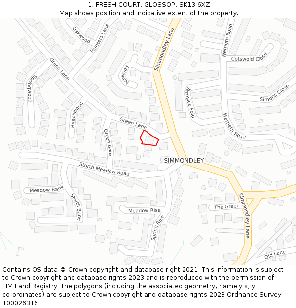 1, FRESH COURT, GLOSSOP, SK13 6XZ: Location map and indicative extent of plot