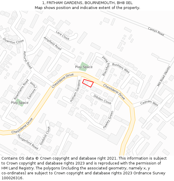 1, FRITHAM GARDENS, BOURNEMOUTH, BH8 0EL: Location map and indicative extent of plot