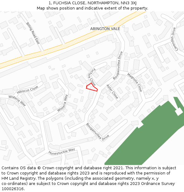 1, FUCHSIA CLOSE, NORTHAMPTON, NN3 3XJ: Location map and indicative extent of plot