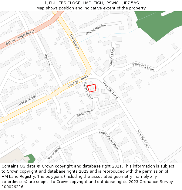 1, FULLERS CLOSE, HADLEIGH, IPSWICH, IP7 5AS: Location map and indicative extent of plot