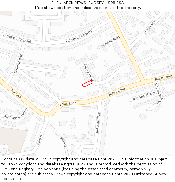 1, FULNECK MEWS, PUDSEY, LS28 8SA: Location map and indicative extent of plot