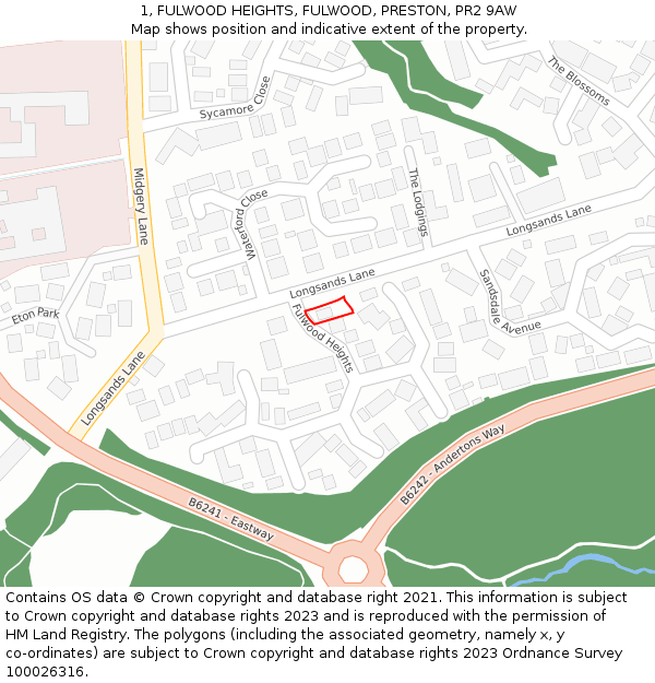 1, FULWOOD HEIGHTS, FULWOOD, PRESTON, PR2 9AW: Location map and indicative extent of plot