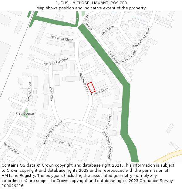 1, FUSHIA CLOSE, HAVANT, PO9 2FR: Location map and indicative extent of plot