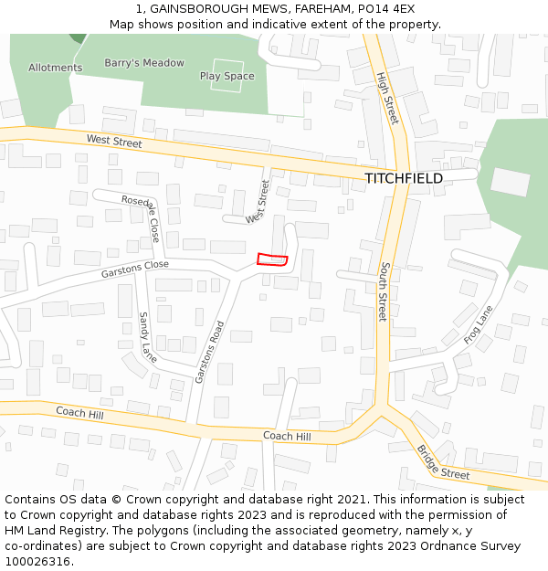 1, GAINSBOROUGH MEWS, FAREHAM, PO14 4EX: Location map and indicative extent of plot