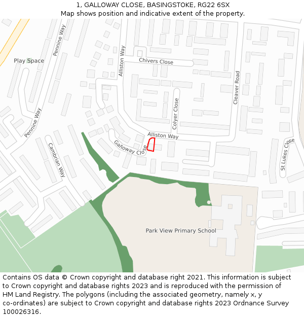 1, GALLOWAY CLOSE, BASINGSTOKE, RG22 6SX: Location map and indicative extent of plot