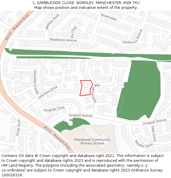 1, GAMBLESIDE CLOSE, WORSLEY, MANCHESTER, M28 7XU: Location map and indicative extent of plot
