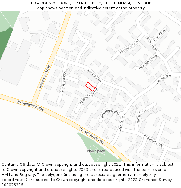 1, GARDENIA GROVE, UP HATHERLEY, CHELTENHAM, GL51 3HR: Location map and indicative extent of plot