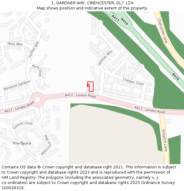 1, GARDNER WAY, CIRENCESTER, GL7 1ZA: Location map and indicative extent of plot