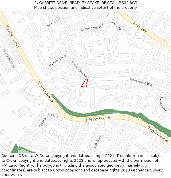 1, GARRETT DRIVE, BRADLEY STOKE, BRISTOL, BS32 8GD: Location map and indicative extent of plot