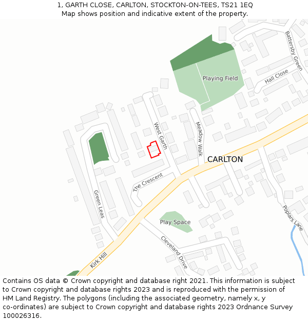 1, GARTH CLOSE, CARLTON, STOCKTON-ON-TEES, TS21 1EQ: Location map and indicative extent of plot