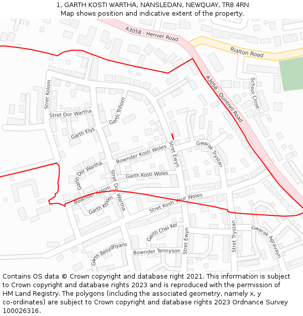 1, GARTH KOSTI WARTHA, NANSLEDAN, NEWQUAY, TR8 4RN: Location map and indicative extent of plot