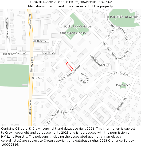 1, GARTHWOOD CLOSE, BIERLEY, BRADFORD, BD4 6AZ: Location map and indicative extent of plot