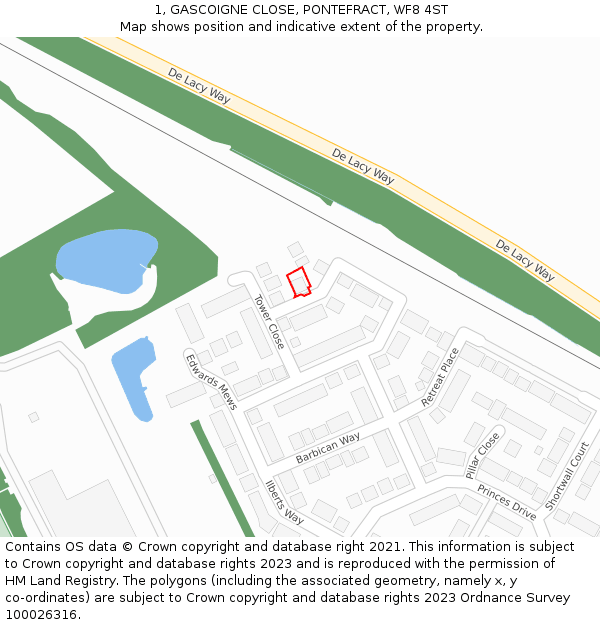 1, GASCOIGNE CLOSE, PONTEFRACT, WF8 4ST: Location map and indicative extent of plot