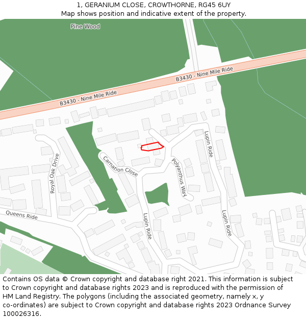 1, GERANIUM CLOSE, CROWTHORNE, RG45 6UY: Location map and indicative extent of plot