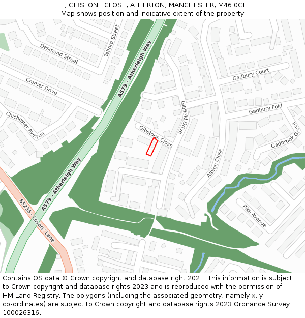 1, GIBSTONE CLOSE, ATHERTON, MANCHESTER, M46 0GF: Location map and indicative extent of plot
