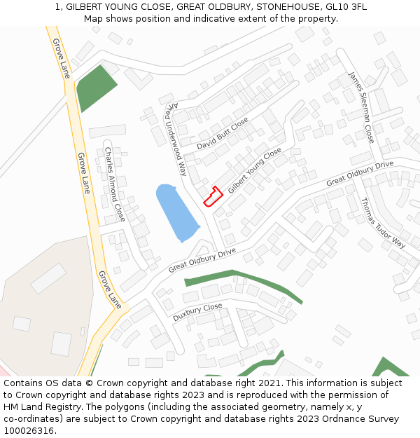 1, GILBERT YOUNG CLOSE, GREAT OLDBURY, STONEHOUSE, GL10 3FL: Location map and indicative extent of plot