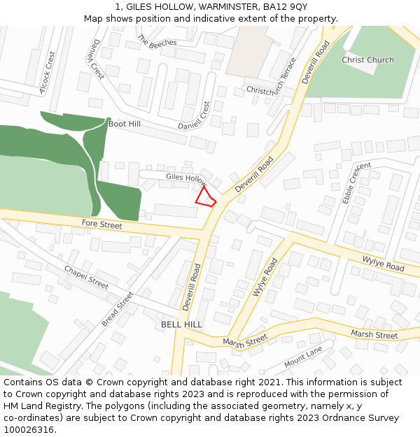 1, GILES HOLLOW, WARMINSTER, BA12 9QY: Location map and indicative extent of plot