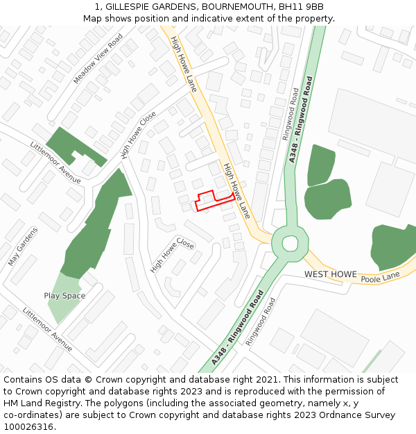 1, GILLESPIE GARDENS, BOURNEMOUTH, BH11 9BB: Location map and indicative extent of plot