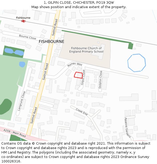 1, GILPIN CLOSE, CHICHESTER, PO19 3QW: Location map and indicative extent of plot