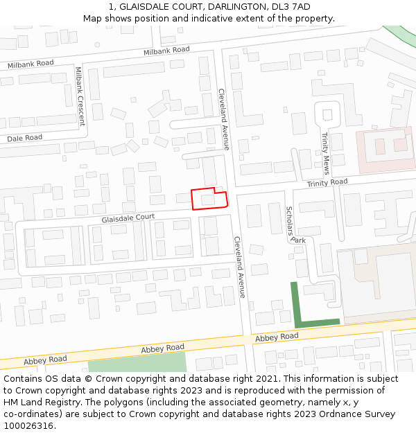 1, GLAISDALE COURT, DARLINGTON, DL3 7AD: Location map and indicative extent of plot
