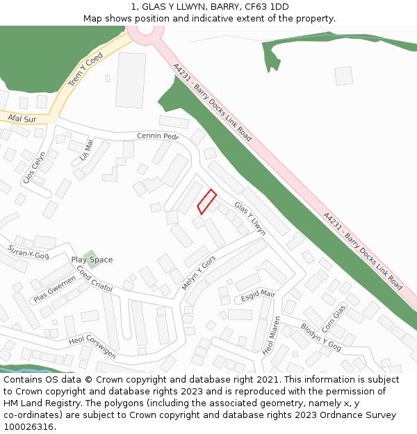 1, GLAS Y LLWYN, BARRY, CF63 1DD: Location map and indicative extent of plot