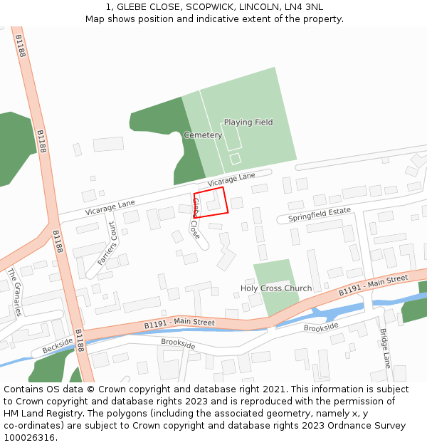1, GLEBE CLOSE, SCOPWICK, LINCOLN, LN4 3NL: Location map and indicative extent of plot