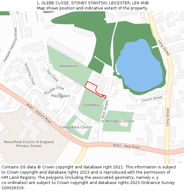 1, GLEBE CLOSE, STONEY STANTON, LEICESTER, LE9 4NB: Location map and indicative extent of plot