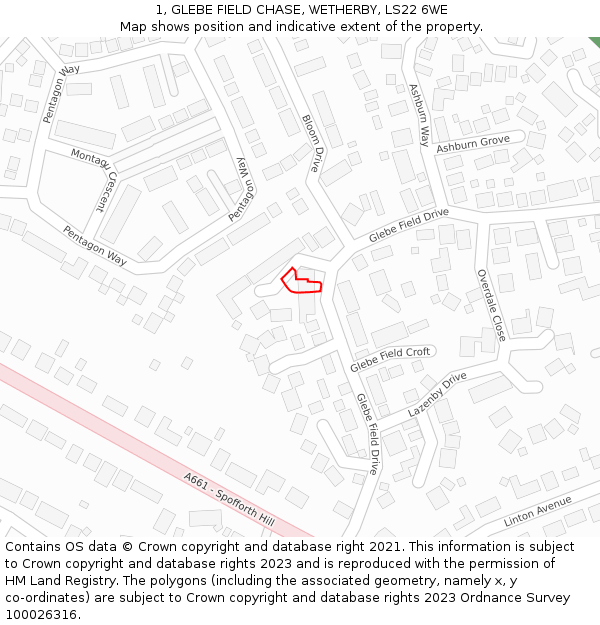 1, GLEBE FIELD CHASE, WETHERBY, LS22 6WE: Location map and indicative extent of plot