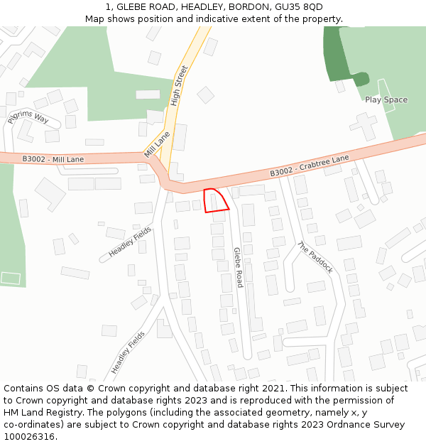 1, GLEBE ROAD, HEADLEY, BORDON, GU35 8QD: Location map and indicative extent of plot