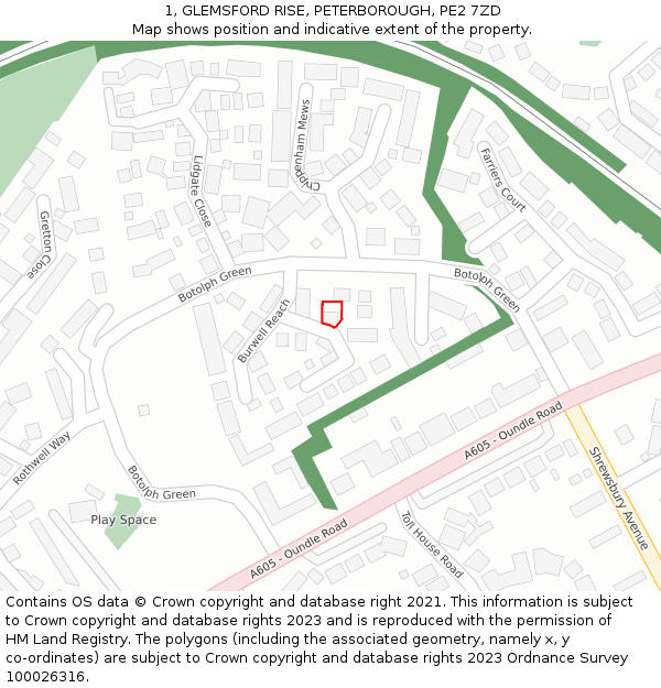 1, GLEMSFORD RISE, PETERBOROUGH, PE2 7ZD: Location map and indicative extent of plot