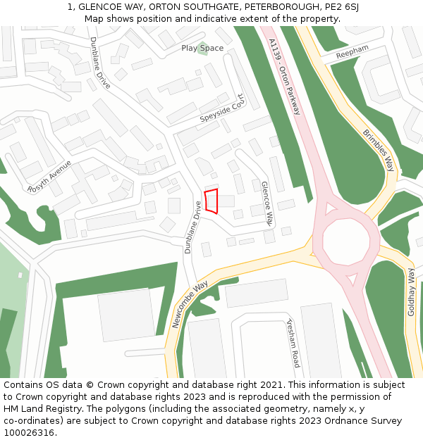 1, GLENCOE WAY, ORTON SOUTHGATE, PETERBOROUGH, PE2 6SJ: Location map and indicative extent of plot