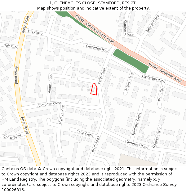 1, GLENEAGLES CLOSE, STAMFORD, PE9 2TL: Location map and indicative extent of plot