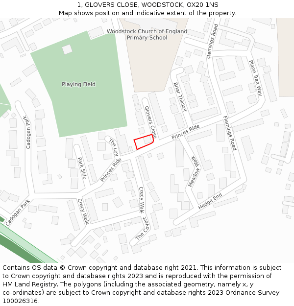 1, GLOVERS CLOSE, WOODSTOCK, OX20 1NS: Location map and indicative extent of plot