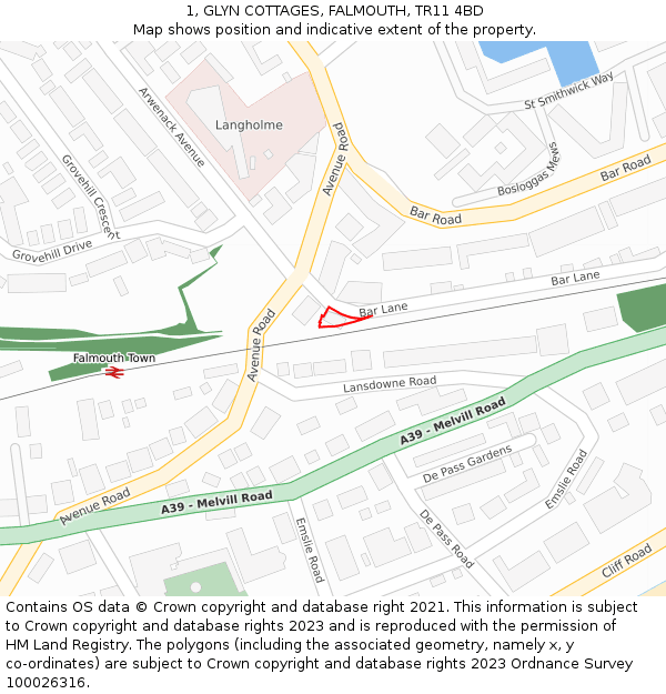 1, GLYN COTTAGES, FALMOUTH, TR11 4BD: Location map and indicative extent of plot