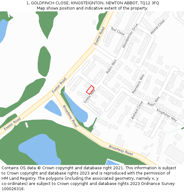 1, GOLDFINCH CLOSE, KINGSTEIGNTON, NEWTON ABBOT, TQ12 3FQ: Location map and indicative extent of plot