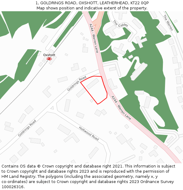 1, GOLDRINGS ROAD, OXSHOTT, LEATHERHEAD, KT22 0QP: Location map and indicative extent of plot