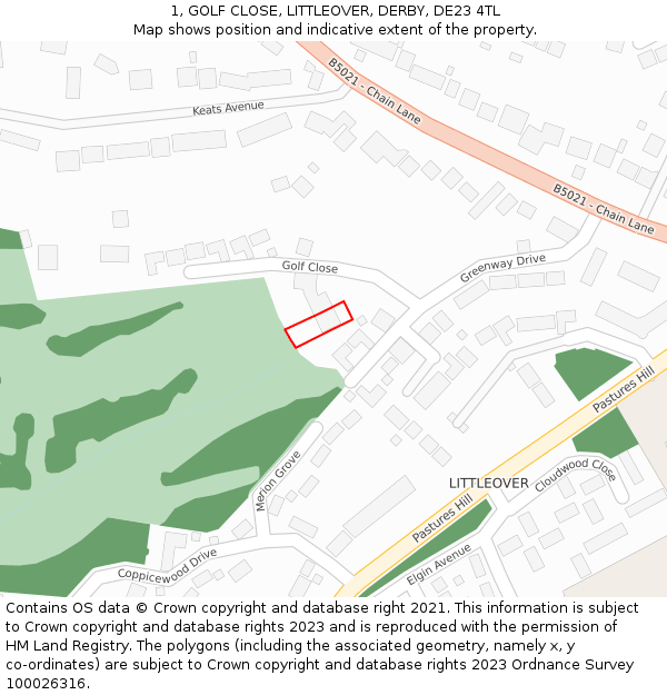 1, GOLF CLOSE, LITTLEOVER, DERBY, DE23 4TL: Location map and indicative extent of plot