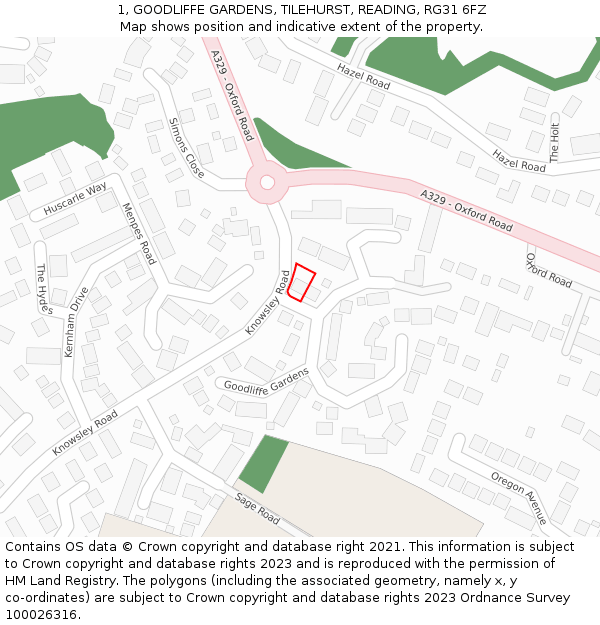 1, GOODLIFFE GARDENS, TILEHURST, READING, RG31 6FZ: Location map and indicative extent of plot