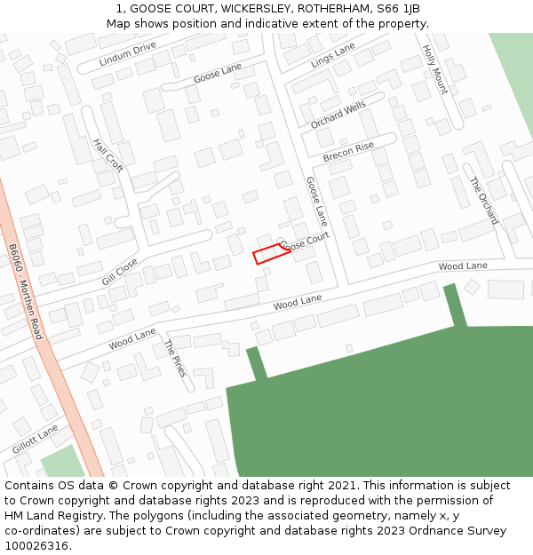 1, GOOSE COURT, WICKERSLEY, ROTHERHAM, S66 1JB: Location map and indicative extent of plot
